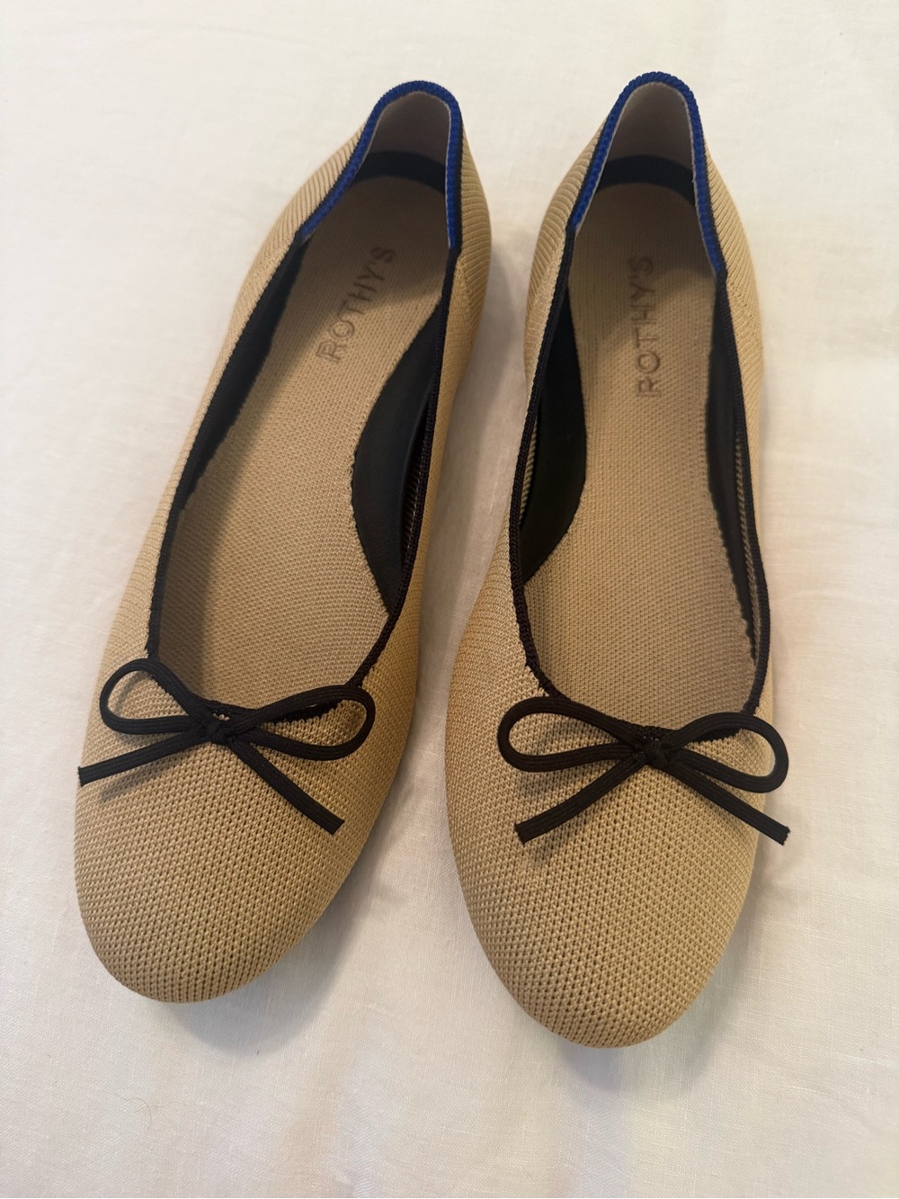 Rothy's Tan Knit Ballet Flats with Black Trim and Bow BRAND NEW NEVER WORN